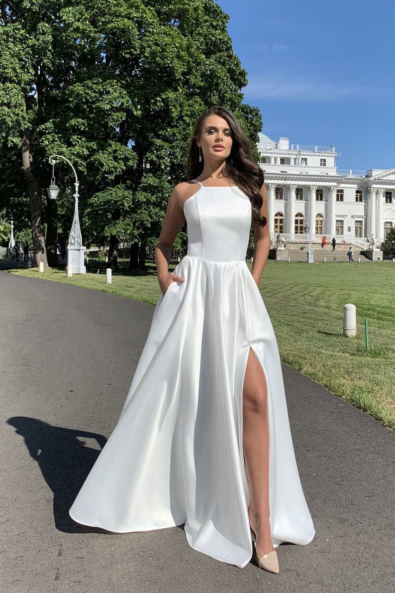 Satin Square Neck High Split A-Line Maxi Dress - View 4