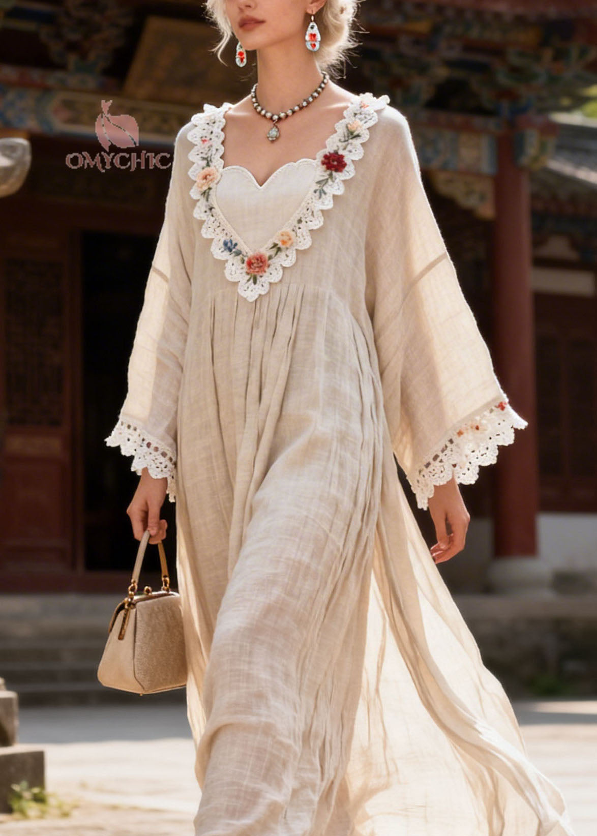 Woven Lace Trim Floral Embroidery Bell Sleeve Empire Waist Maxi Dress - View 2