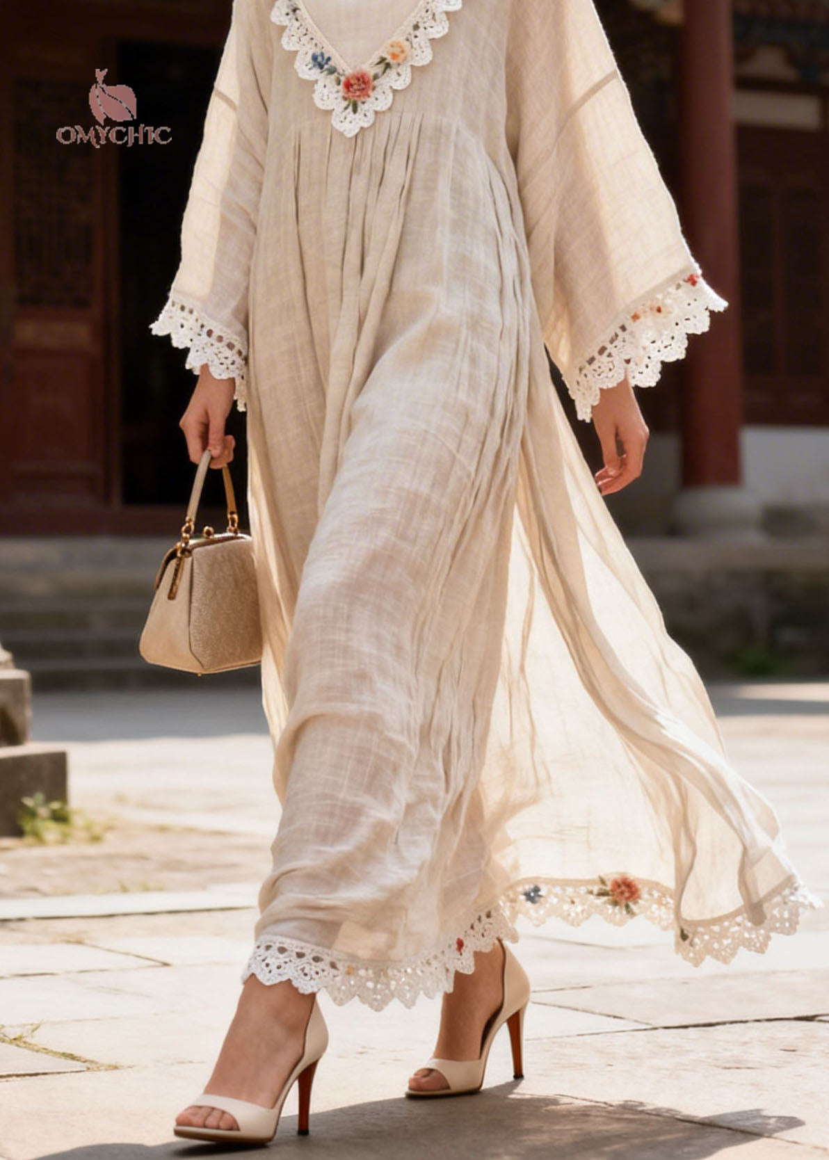 Woven Lace Trim Floral Embroidery Bell Sleeve Empire Waist Maxi Dress - View 4