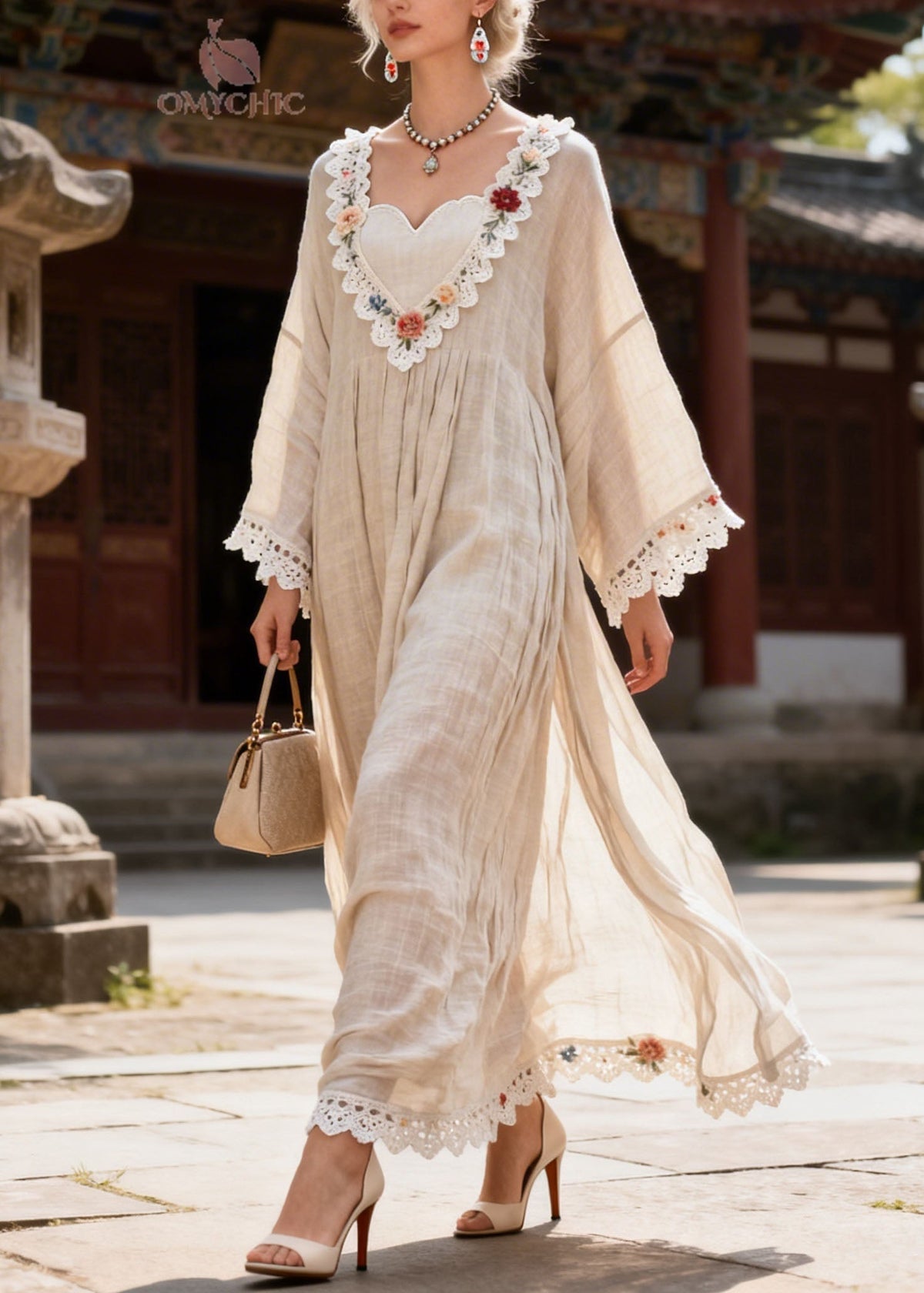 Woven Lace Trim Floral Embroidery Bell Sleeve Empire Waist Maxi Dress - View 5