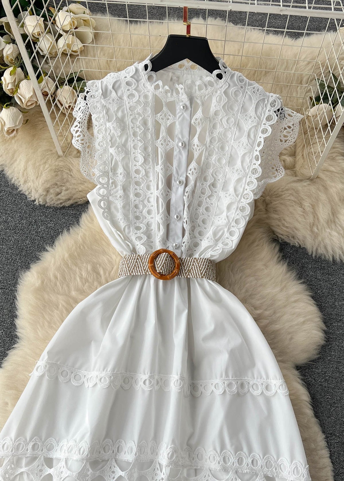 Eyelet Lace Ruffle Mandarin Collar Sleeveless Maxi Dress - View 5