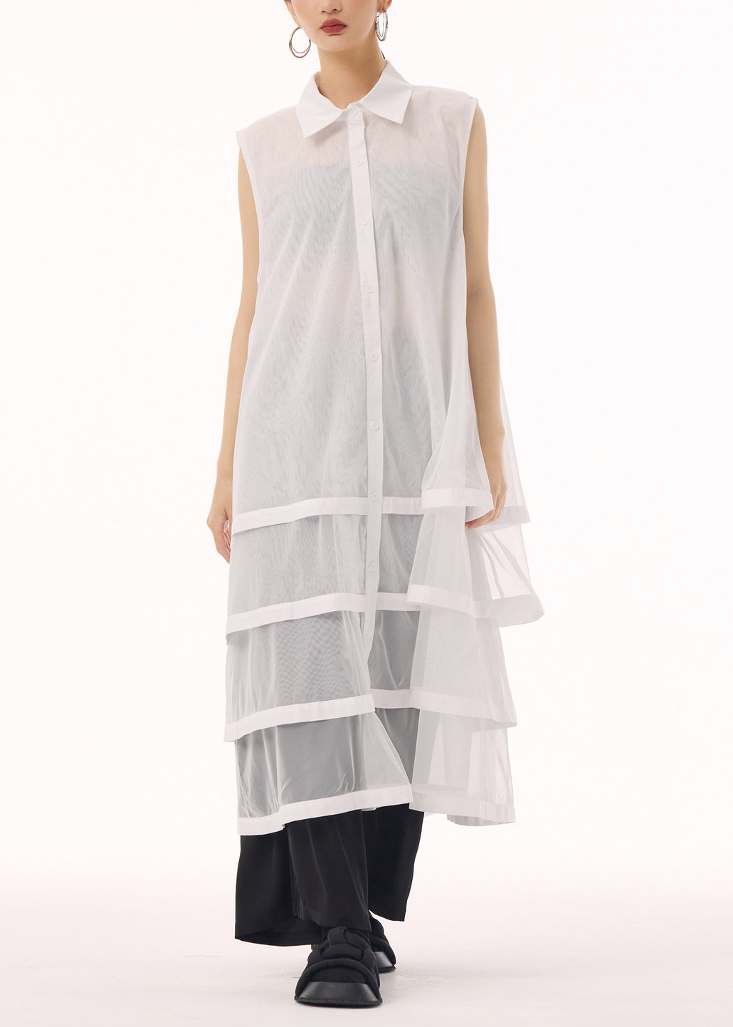 New White Peter Pan Collar Tulle Patchwork Cotton Maxi Dresses Sleeveless - View 3