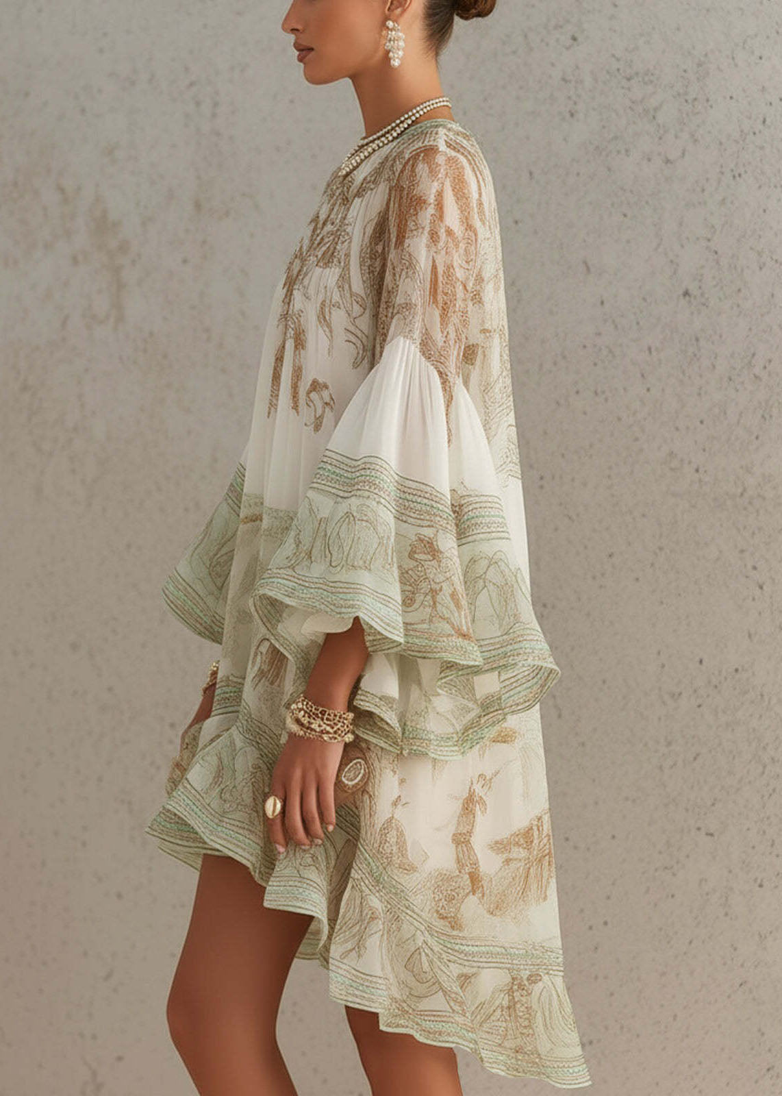 New White Print Ruffled Patchwork Chiffon Mid Dress Summer - View 3