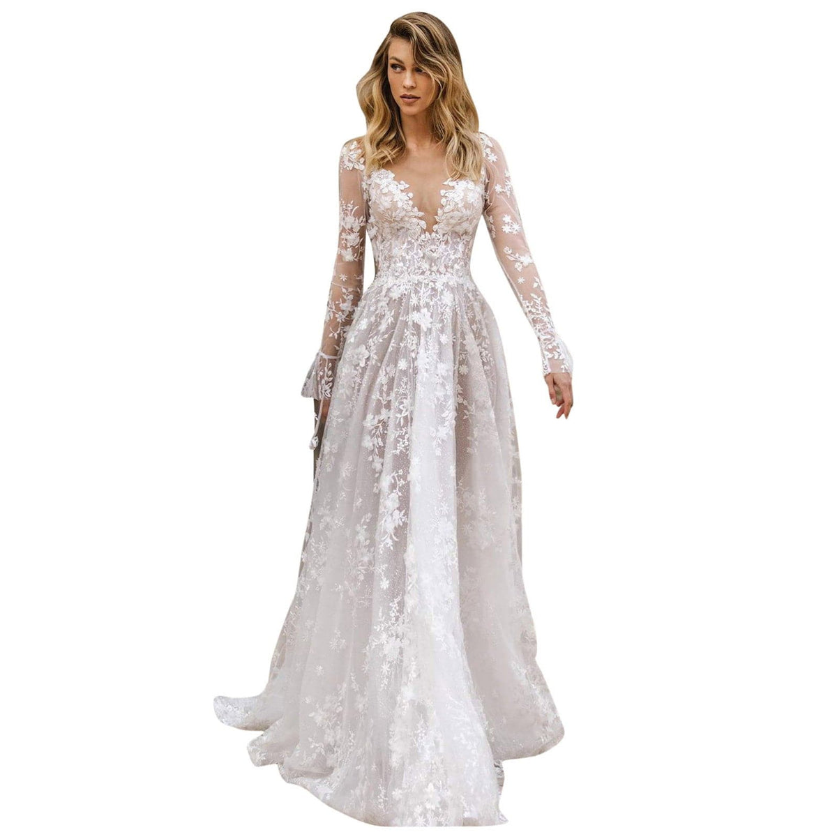 Lace Floral Deep V-Neck Long Sleeve Trumpet Cuff Mesh Prom Gown - View 6