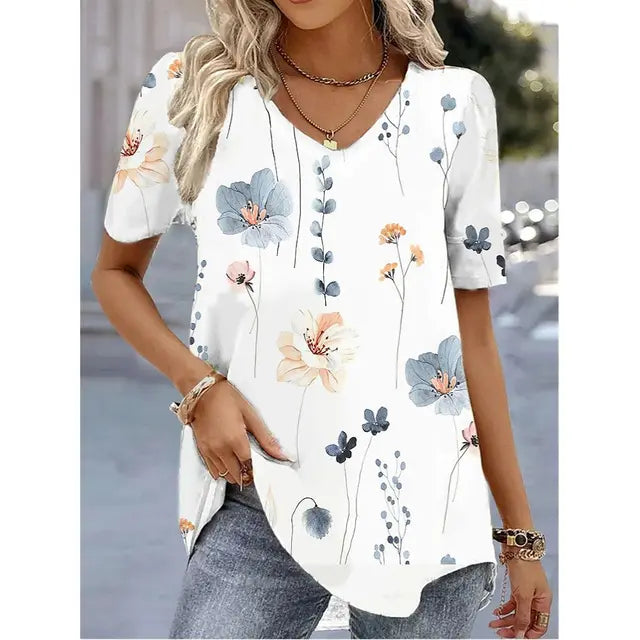 Floral Print V-Neck Short Sleeve Tunic Top 2