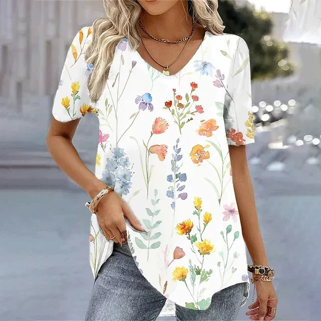 Floral Print V-Neck Short Sleeve Tunic Top