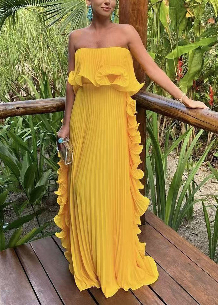 Chiffon Strapless Pleated Ruffle Side Panel Flowy Maxi Dress - View 3