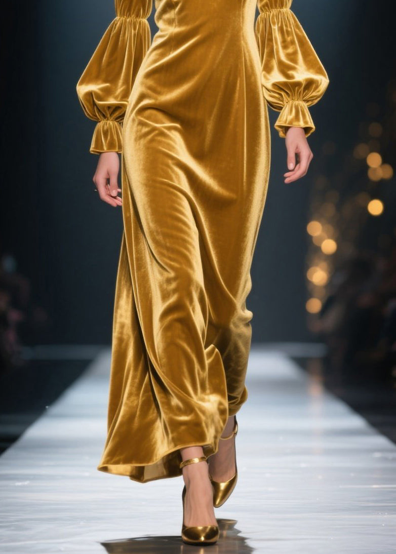 New Yellow Ruffled Patchwork Velvet Maxi Dresses Fall - View 4