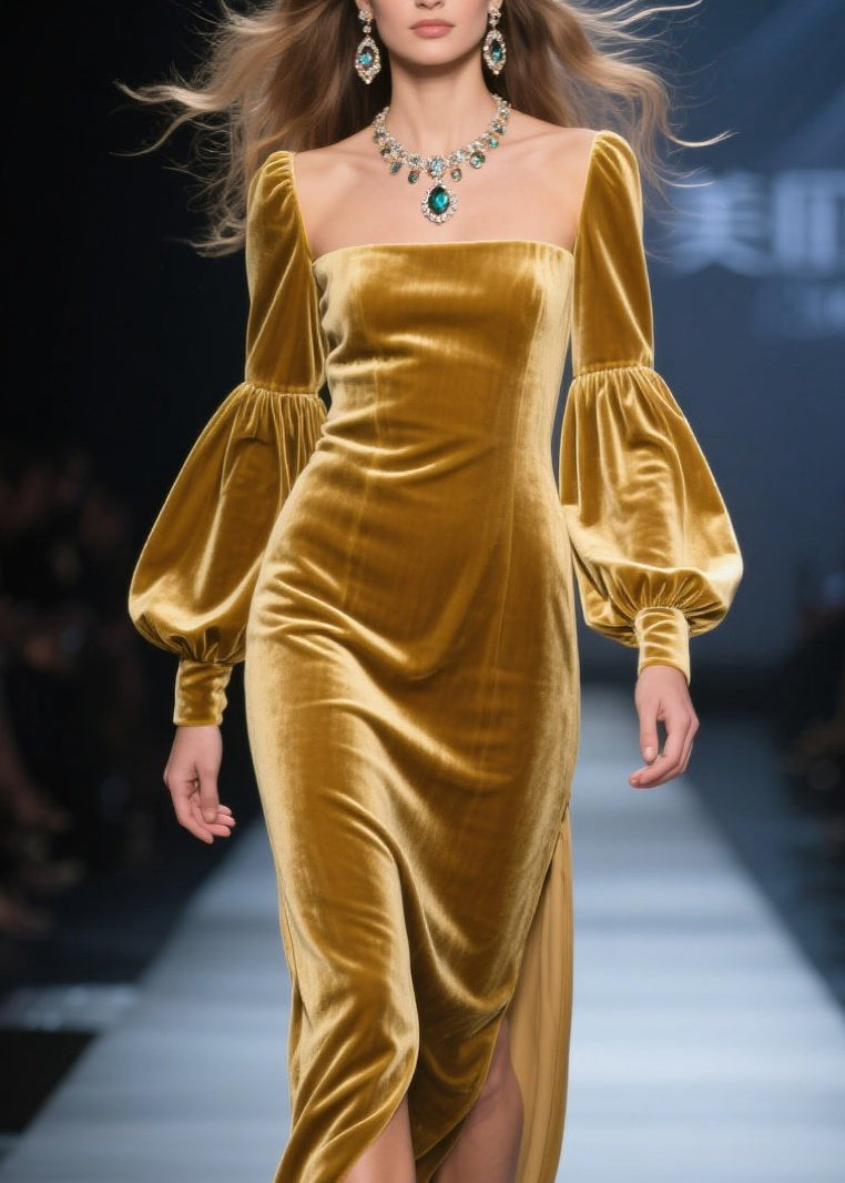 New Yellow Square Collar Side Open Velvet Maxi Dresses Fall - View 2