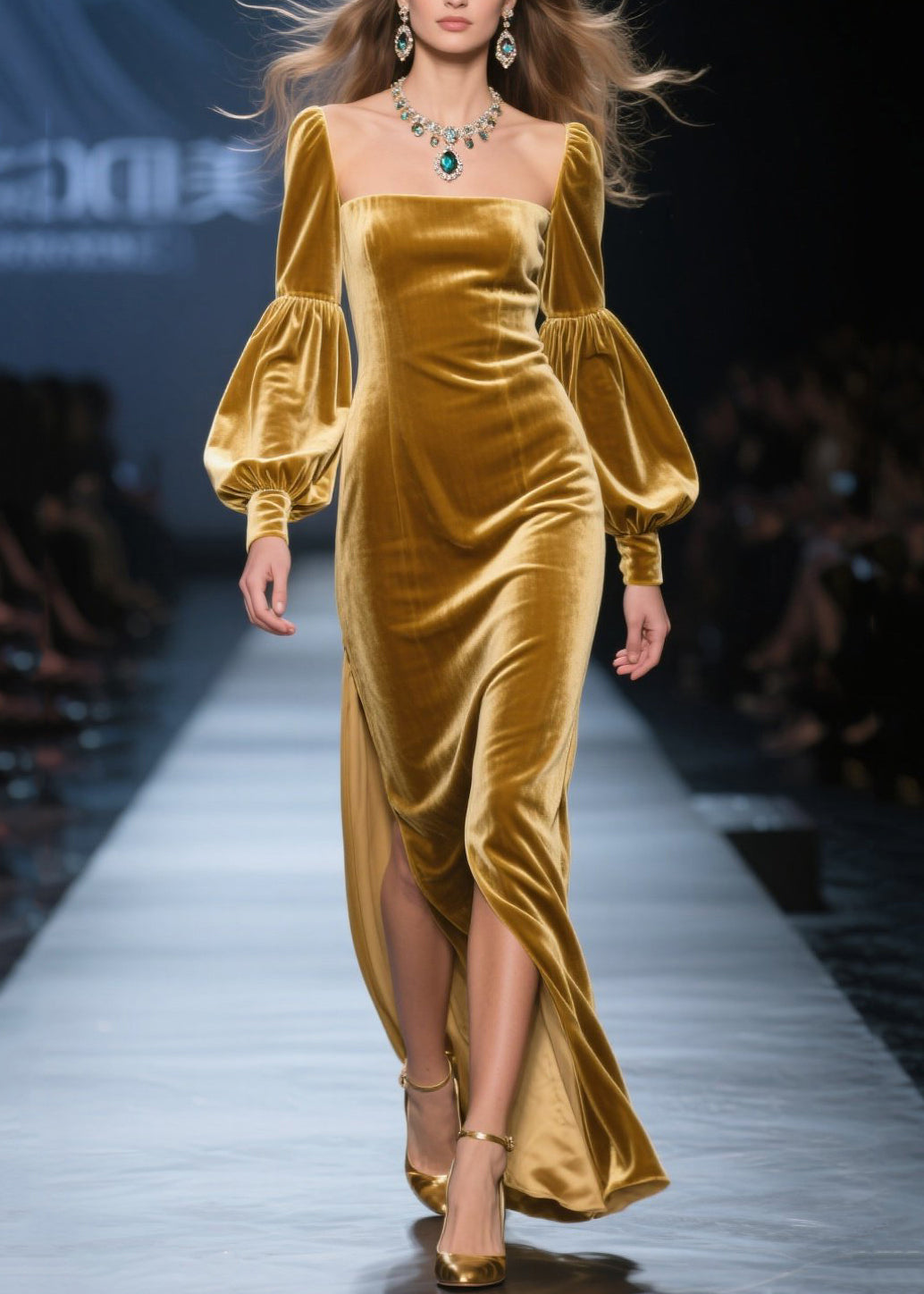New Yellow Square Collar Side Open Velvet Maxi Dresses Fall - View 3