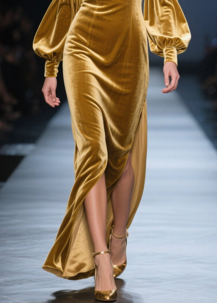 New Yellow Square Collar Side Open Velvet Maxi Dresses Fall - View 4