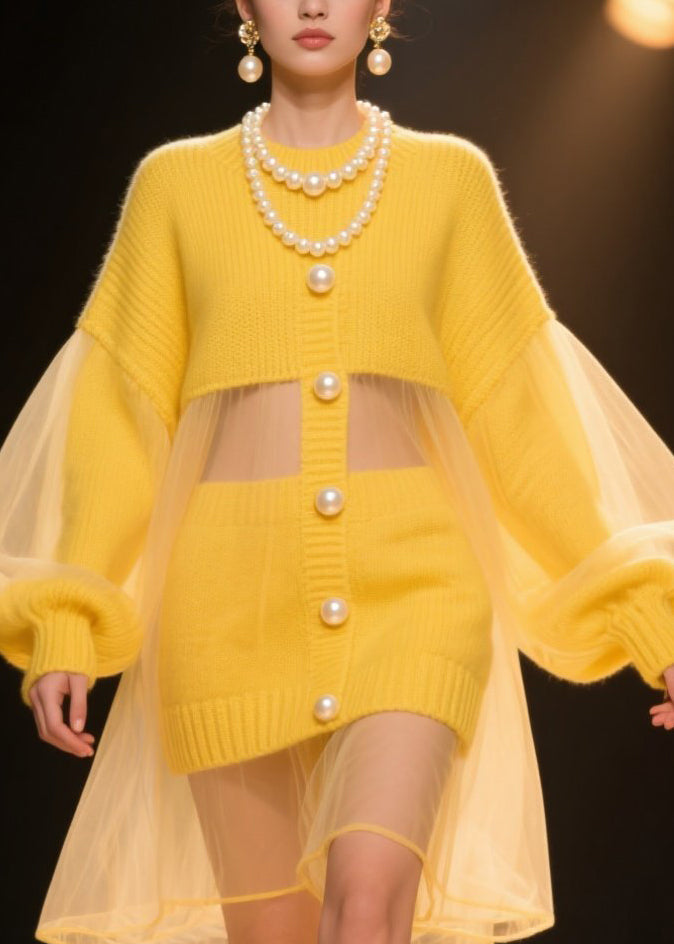 Tulle Mesh Pearl Button Puff Sleeve Ribbed Knit Patchwork Mini Dress - View 2
