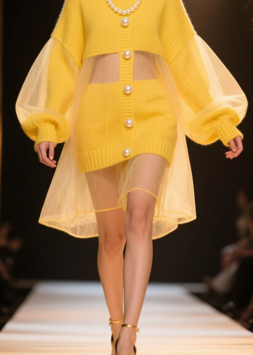Tulle Mesh Pearl Button Puff Sleeve Ribbed Knit Patchwork Mini Dress - View 4