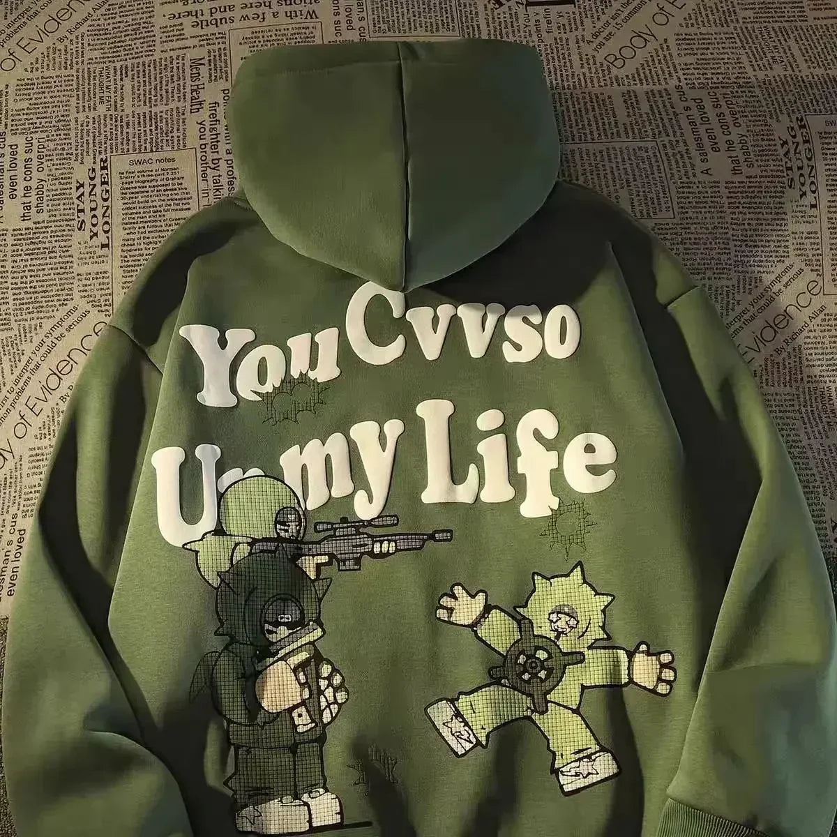 Retro Large Size Gothic Print Hoodie Green / S