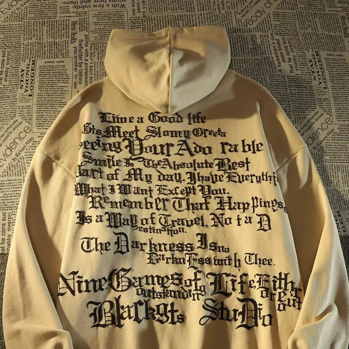 Retro Large Size Gothic Print Hoodie Apricot / S