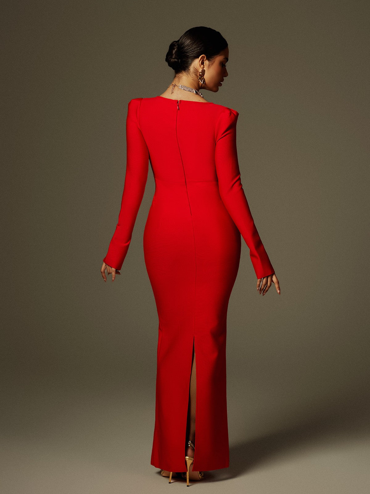 Rose Applique Feather Trim Cut Out Long Sleeve Mermaid Maxi Gown - View 6
