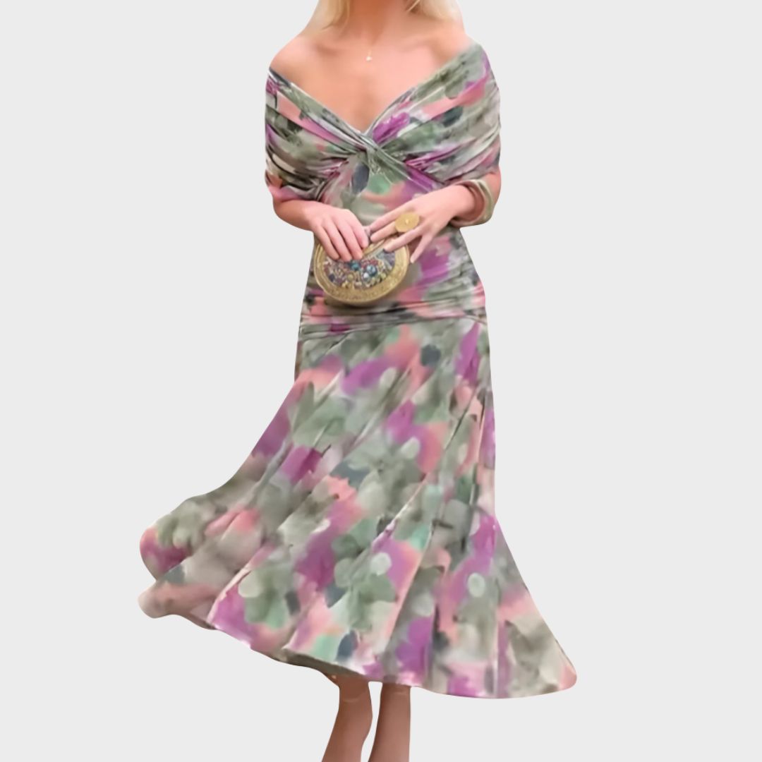 Watercolor Floral Off Shoulder Ruched Maxi Dress 2