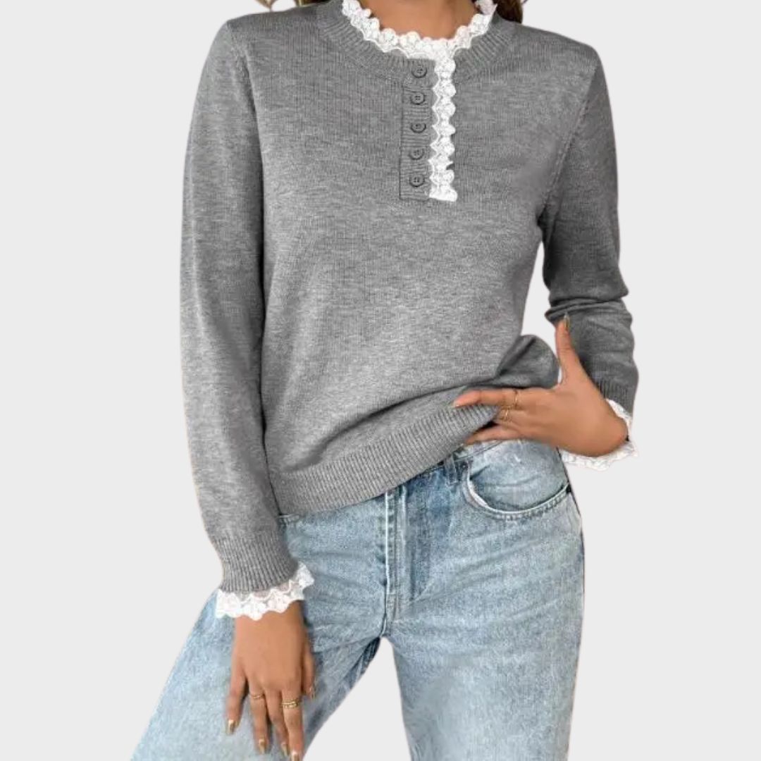 Lace Trim Button Placket Crew Neck Sweater 2