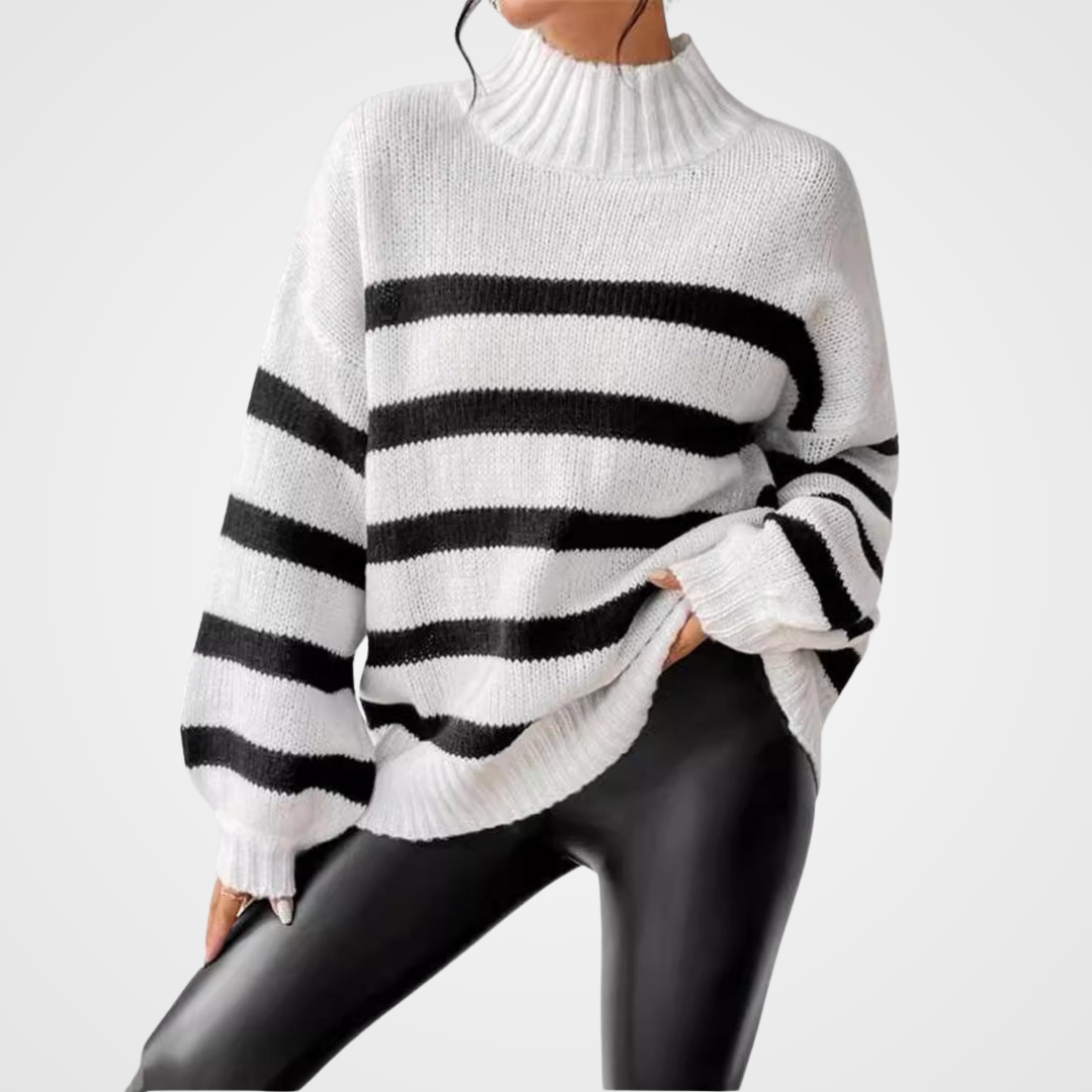 Striped Mock Neck Long Sleeve Oversized Sweater 3