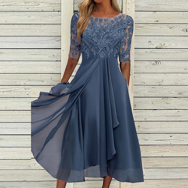 Chiffon Lace Embroidered Half Sleeve Illusion Neck A-Line Midi Dress