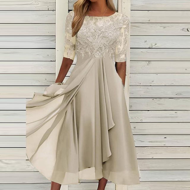 Chiffon Lace Embroidered Half Sleeve Illusion Neck A-Line Midi Dress - View 4