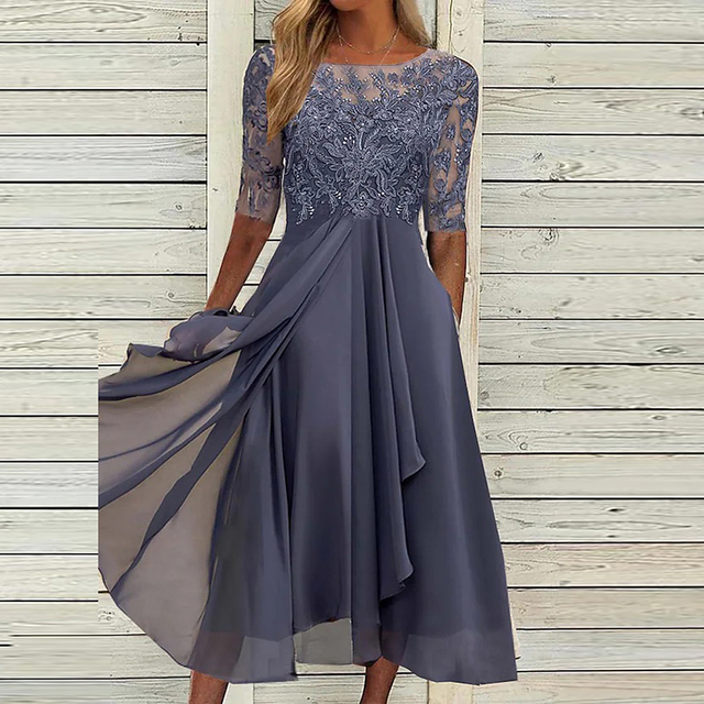Chiffon Lace Embroidered Half Sleeve Illusion Neck A-Line Midi Dress - View 2