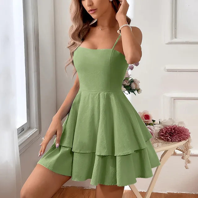 Square Neck Spaghetti Strap Tiered Ruffle A-Line Mini Party Dress - View 9