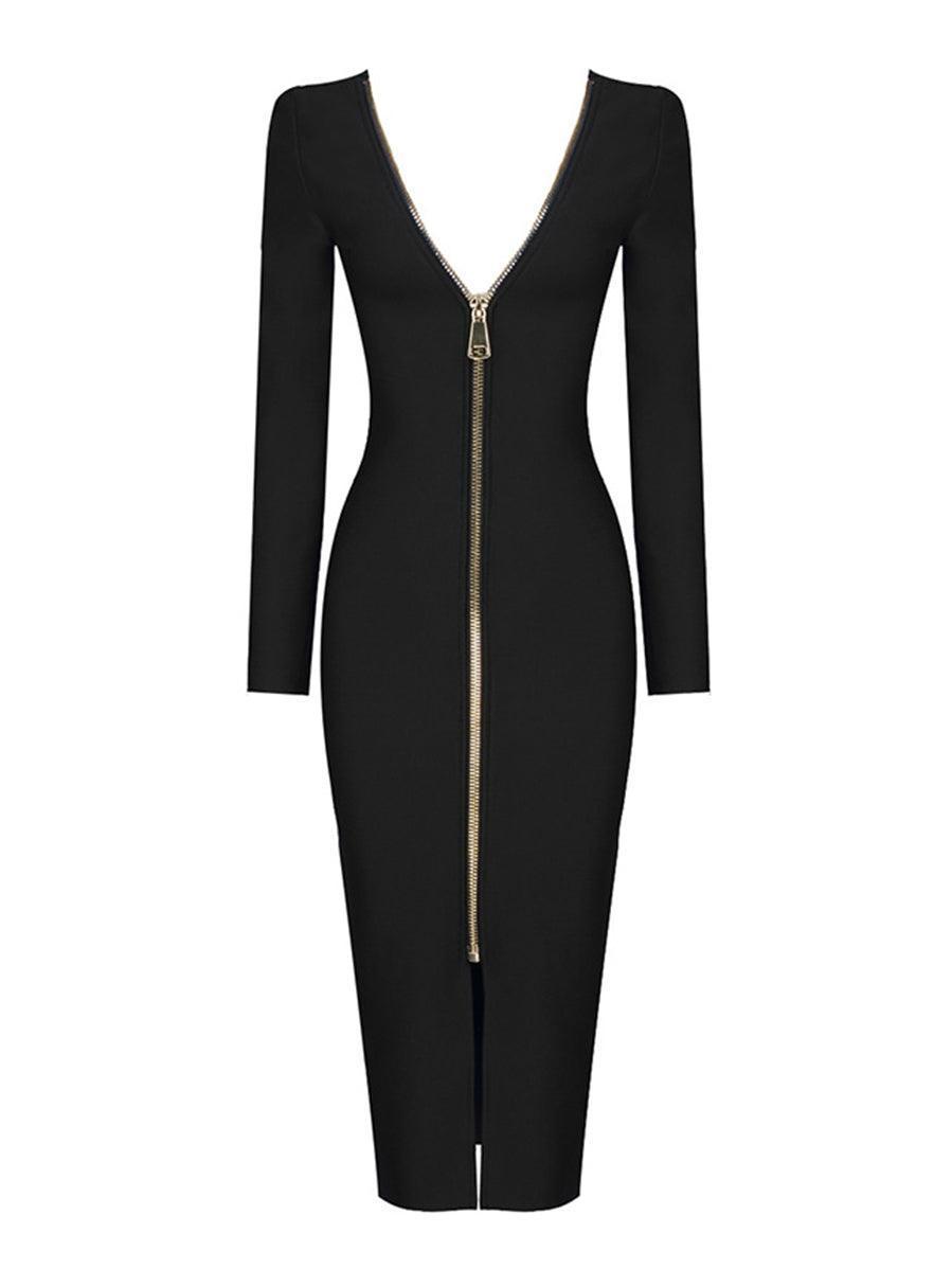 Long Sleeve Cut Out Zipper Bandage Midi Dress - View 8