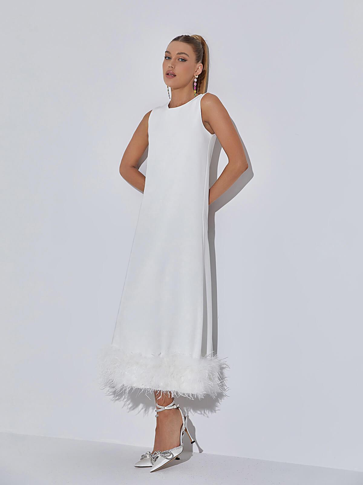 Nisha Feather Midi Dress In White - View 3