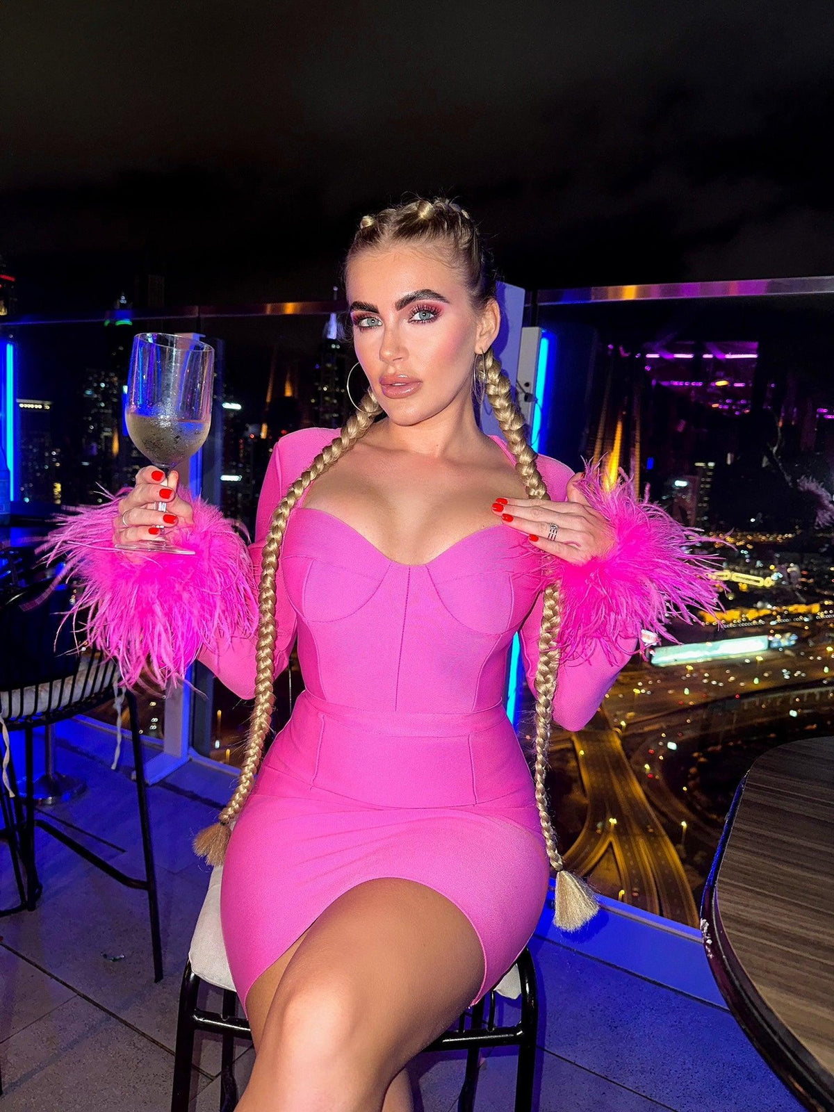Nixie Long Sleeve Feather Bandage Dress In Hot Pink