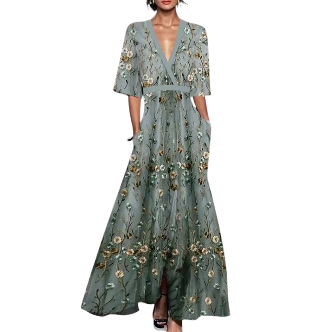 Floral Print Deep V-Neck Short Sleeve Flared Maxi Dress - View 2