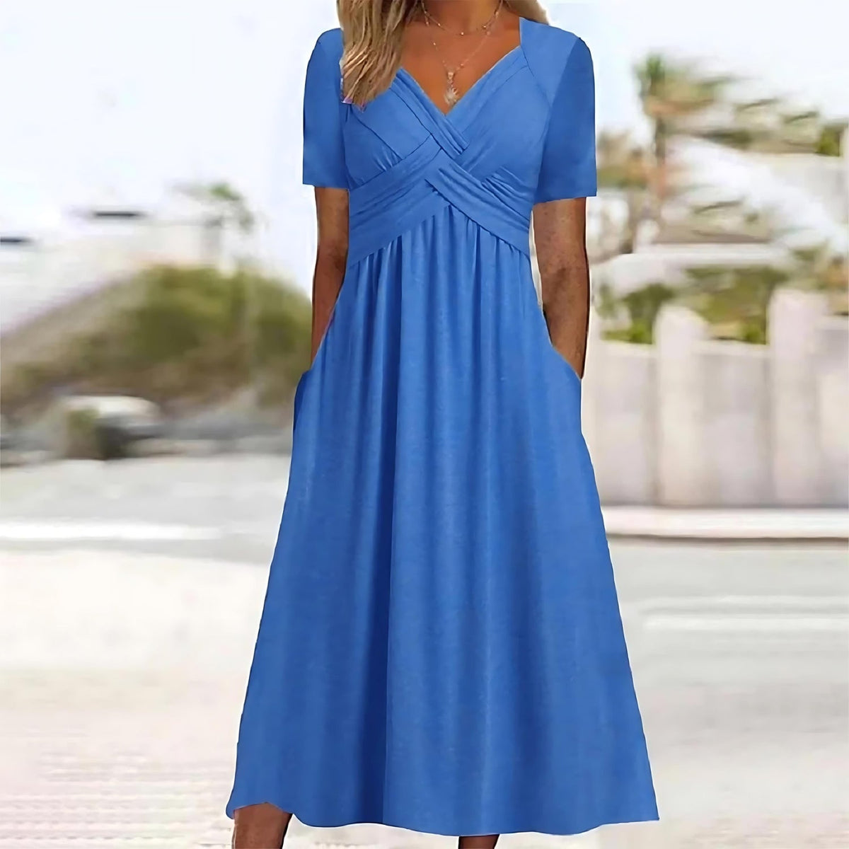 Crossover Wrap Pleated Bodice Short Sleeve V-Neck Midi Dress