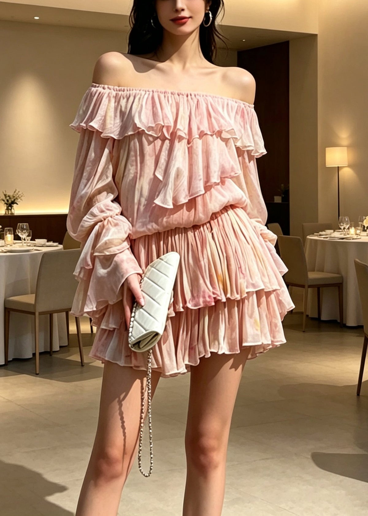 Novelty Pink Ruffled Patchwork Cold Shoulder Chiffon Mid Dress - View 5