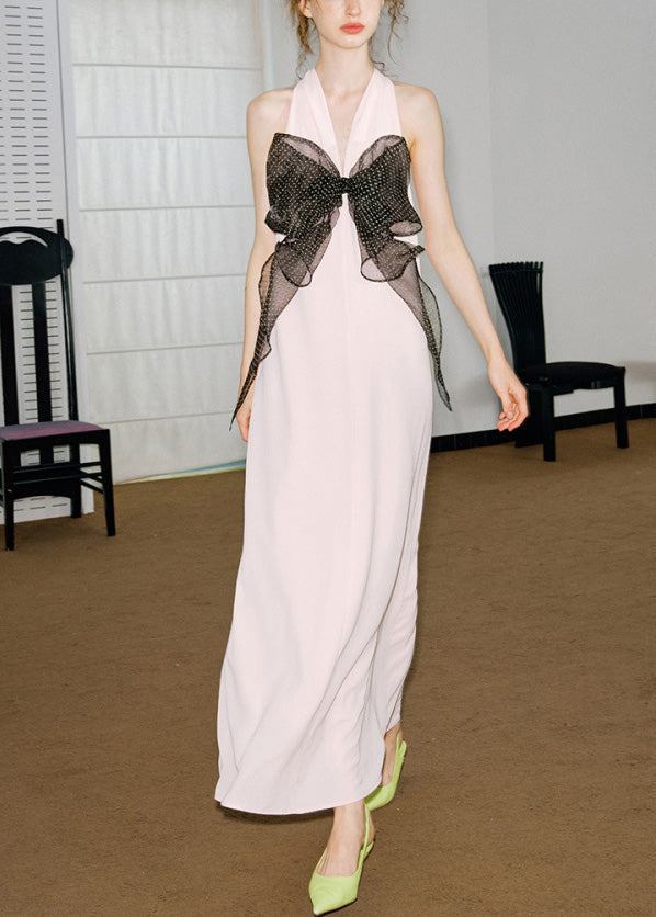 Novelty Pink V Neck Bow Satin Maxi Dresses Summer - View 2