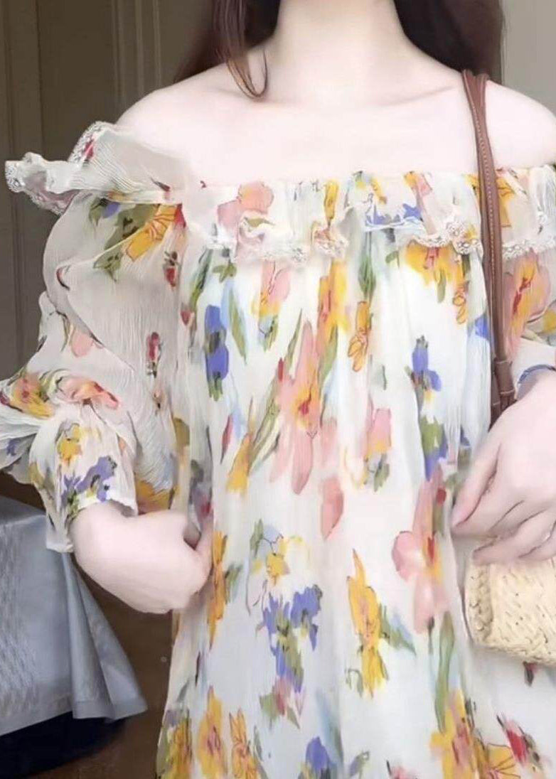 Novelty Slash Neck Chiffon Maxi Dress Patchwork Wrinkled Fall - View 2