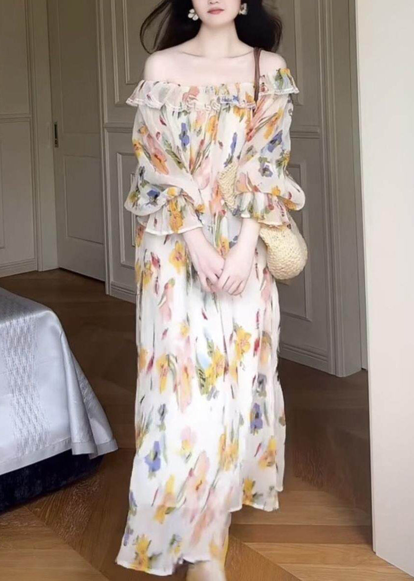 Novelty Slash Neck Chiffon Maxi Dress Patchwork Wrinkled Fall - View 3