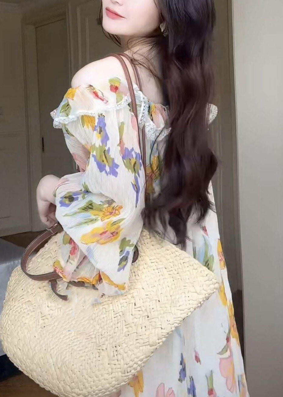 Novelty Slash Neck Chiffon Maxi Dress Patchwork Wrinkled Fall - View 5