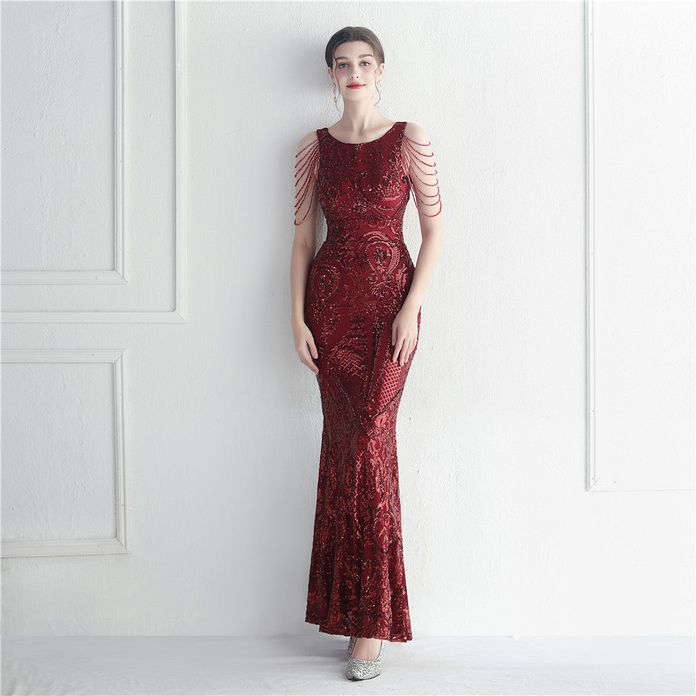 Sequin Beaded Round Neck Fringe Mermaid Maxi Gown - View 4