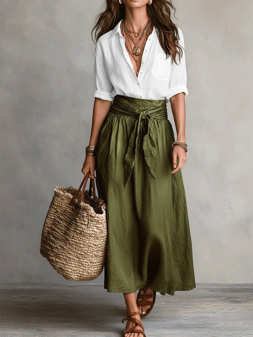 Button Front Shirt and Tie Waist Maxi Skirt Two Piece Set 6