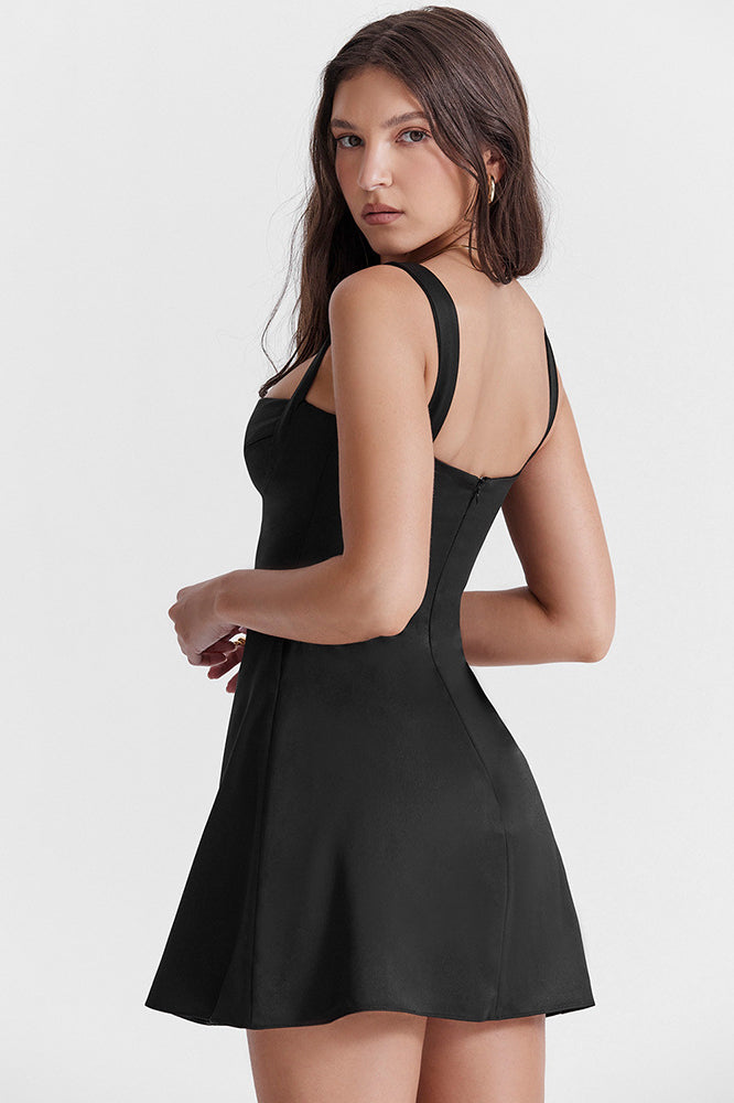 Satin Square Neck Suspender Strap Summer Party Mini Dress - Black - View 7
