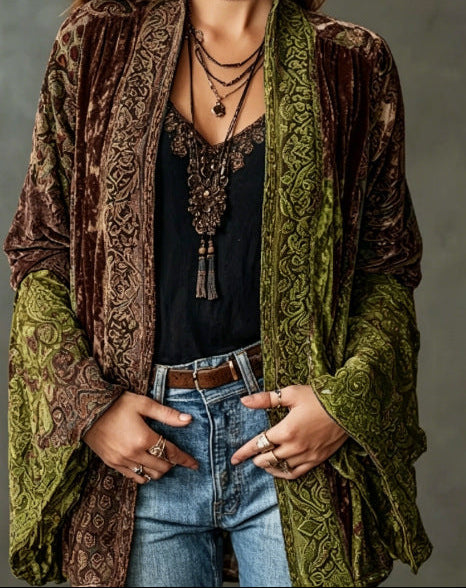 Paisley Velvet Boho Open Front Kimono Cardigan 9