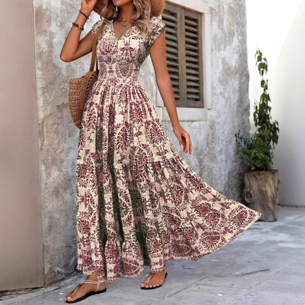 Floral Print V-Neck Cap Sleeve High Split Maxi Dress 3