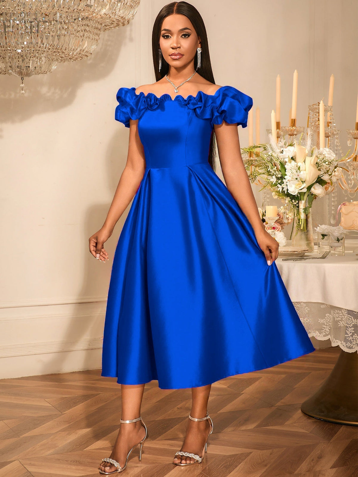 Satin Off Shoulder Puff Sleeve Pleated Fit and Flare Midi Dress - View 3