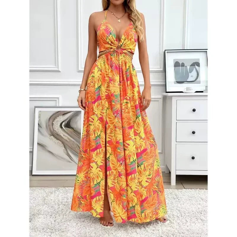Tropical Floral Halter Deep V-Neck Cut Out High Split Maxi Dress 5
