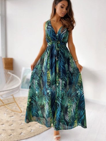 Tropical Print Deep V-Neck Sleeveless Elastic Waist A-Line Maxi Dress - View 4
