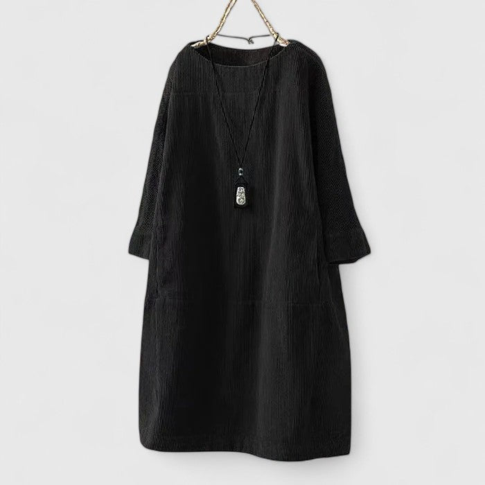 Corduroy Round Neck Long Sleeve Pocket Shift Dress 6