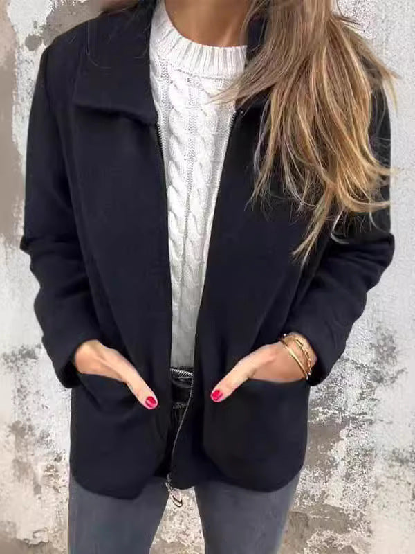 Lapel Collar Zip Front Pocket Fleece Jacket
