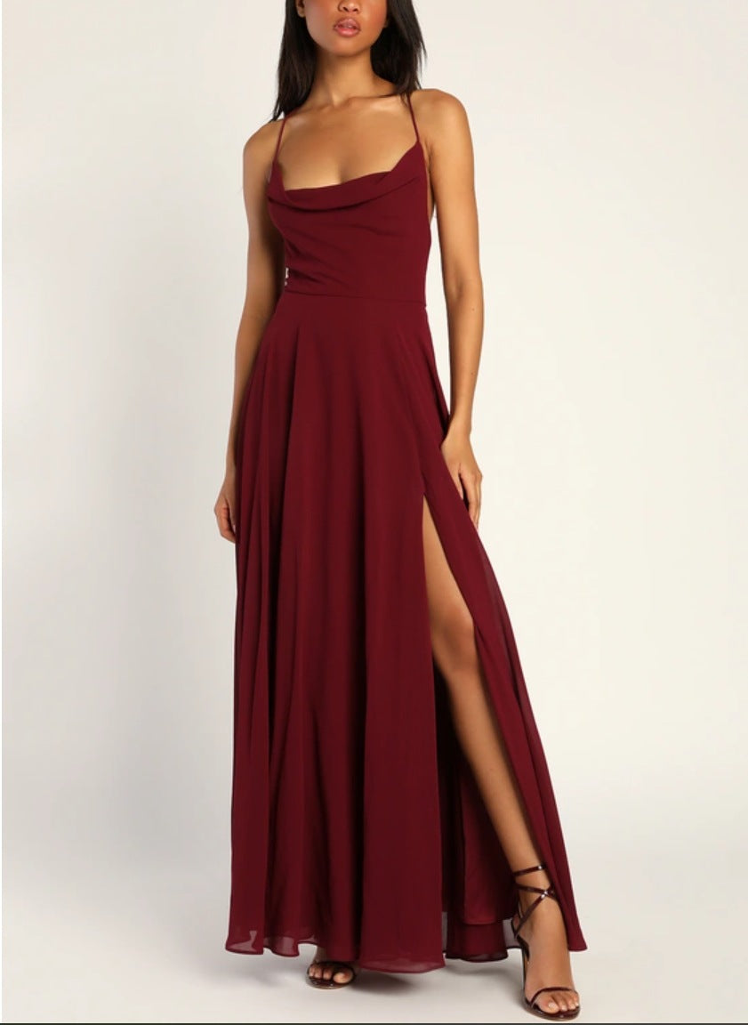 Chiffon Cowl Neck Lace Up Back High Split Maxi Dress - View 16