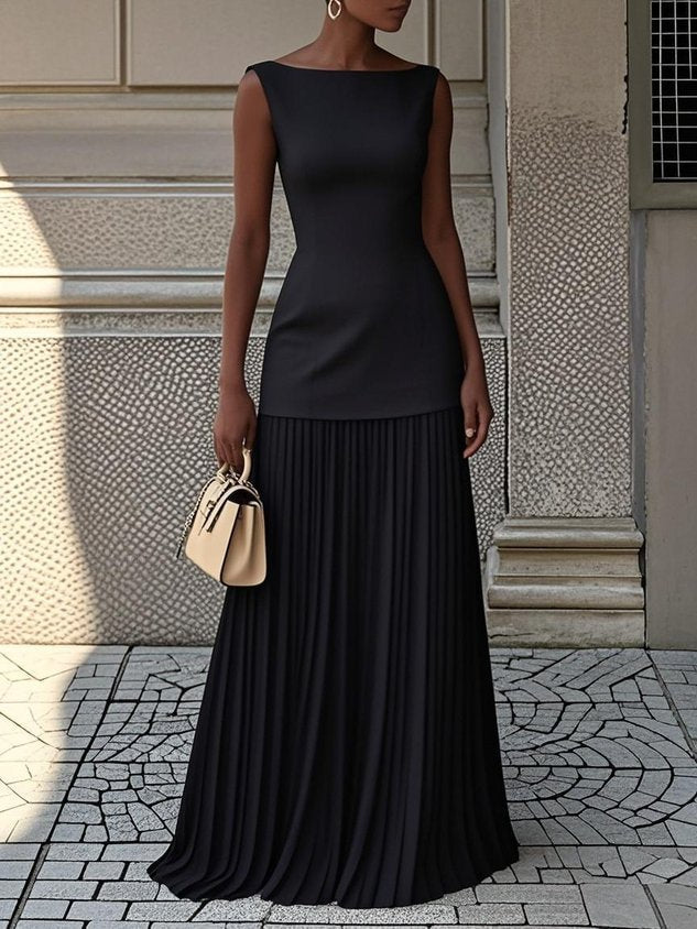 Boat Neck Sleeveless Pleated Maxi Dress 3