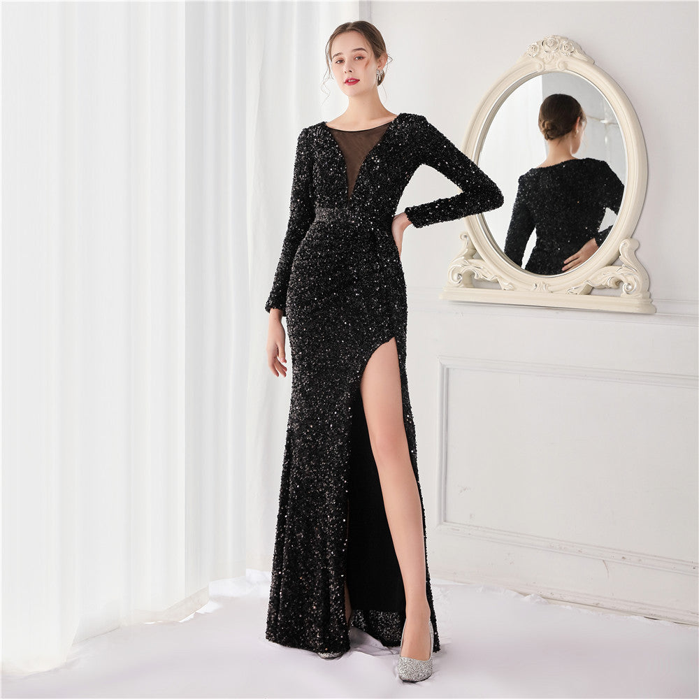 Sequin Long Sleeve V-Neck Ruched High Split Mermaid Gown - View 4